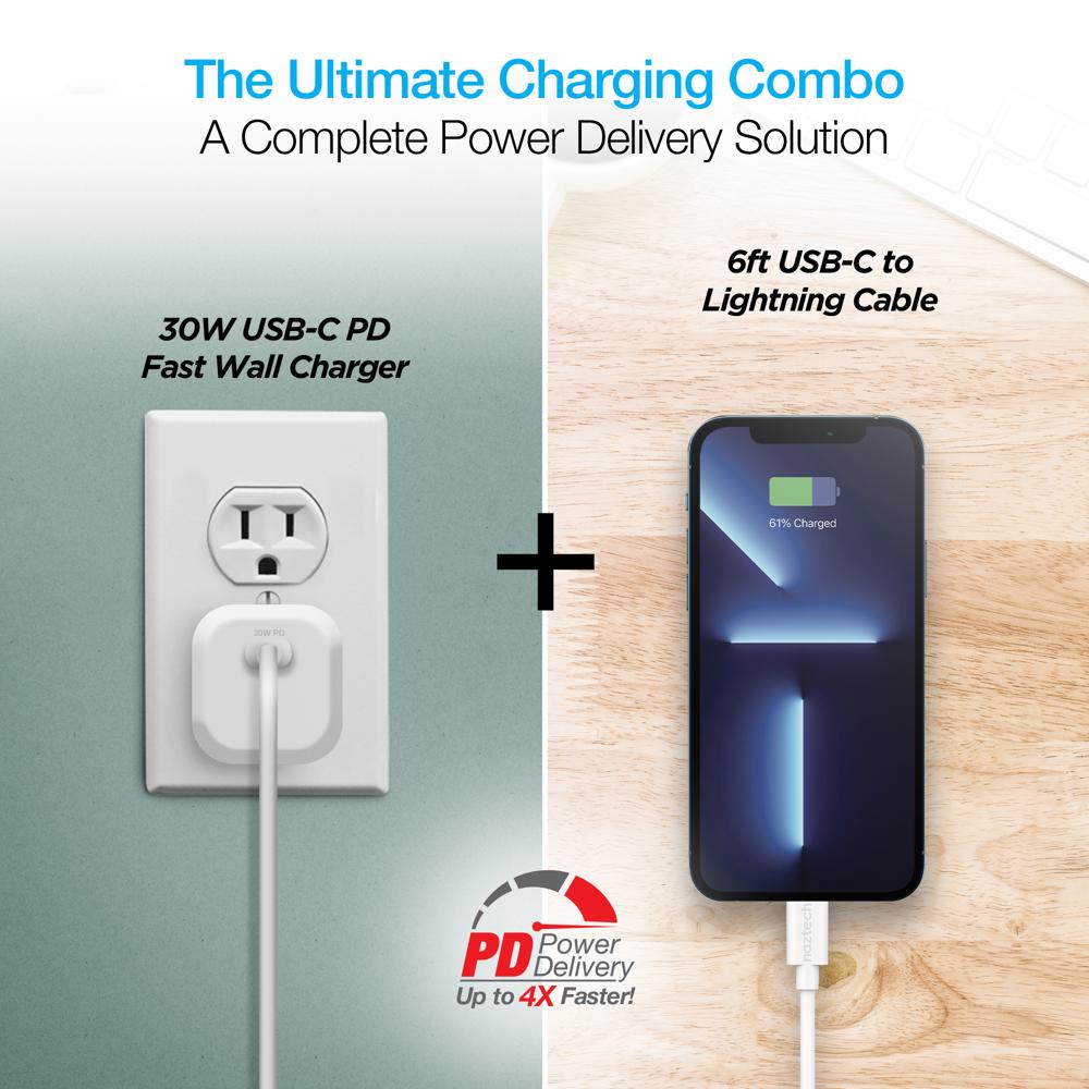 Naztech 30W PD Smart Chip Tech Wall Charger + USB-C to MFI Cable 6ft