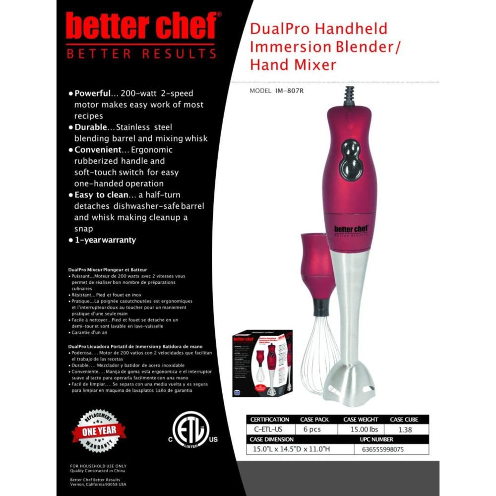 Better Chef 200W DualPro Immersion Blender Hand-Mixer with Cup and Beater