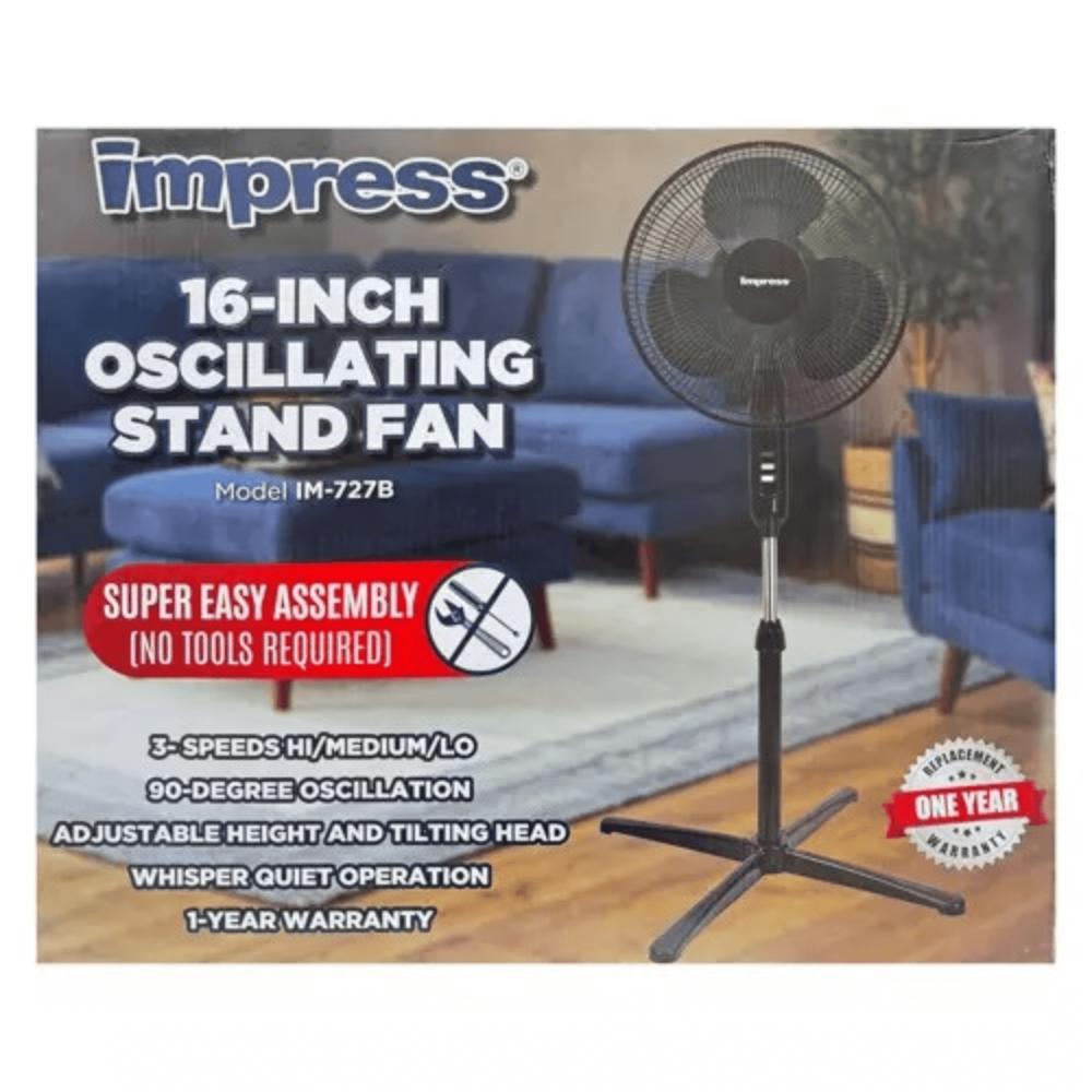 Impress Easy-Assemble 3-Speed 16-Inch Stand Oscillating Pedestal Floor Fan