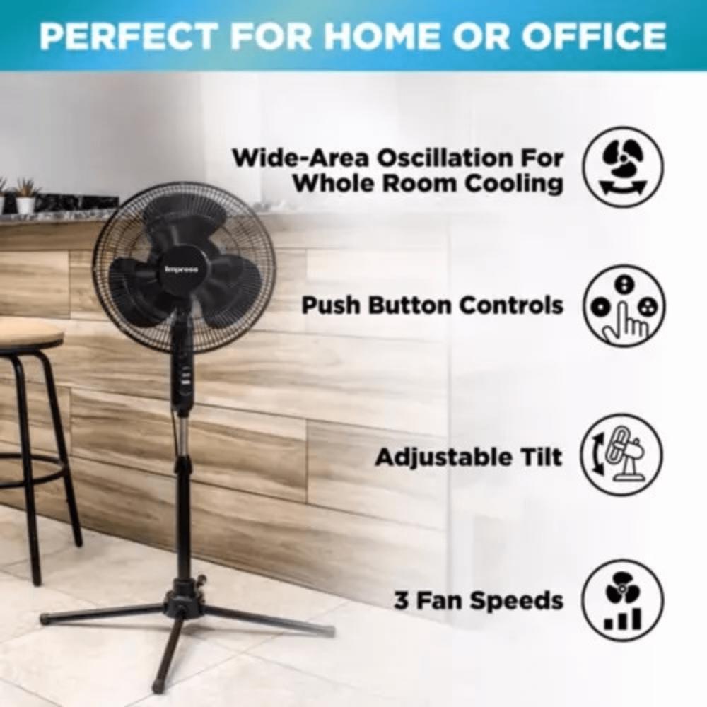 Impress Easy-Assemble 3-Speed 16-Inch Stand Oscillating Pedestal Floor Fan