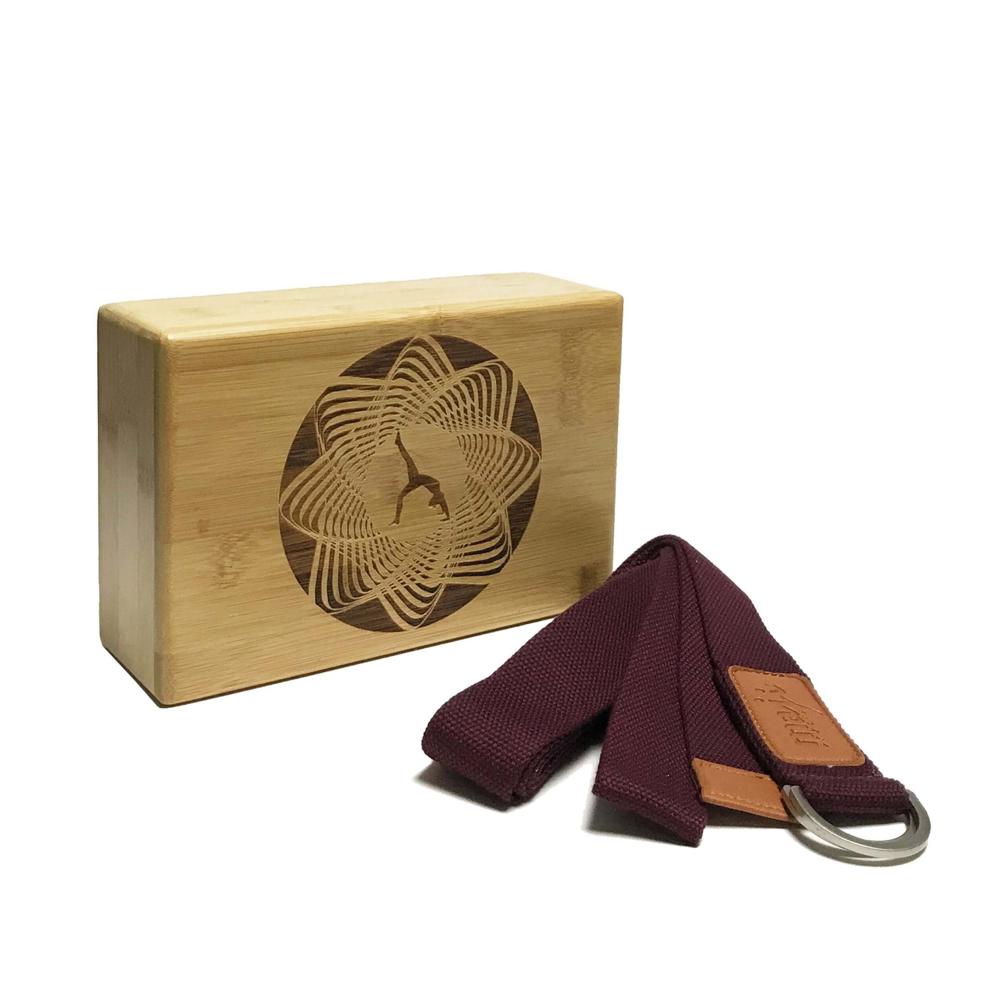 Maji Sports Laser Engraved Bamboo Yoga Block & Strap Combo