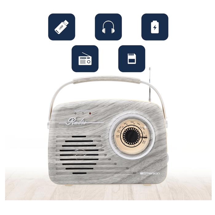 Emerson Portable Retro Radio with Built-In Rechargeable Battery