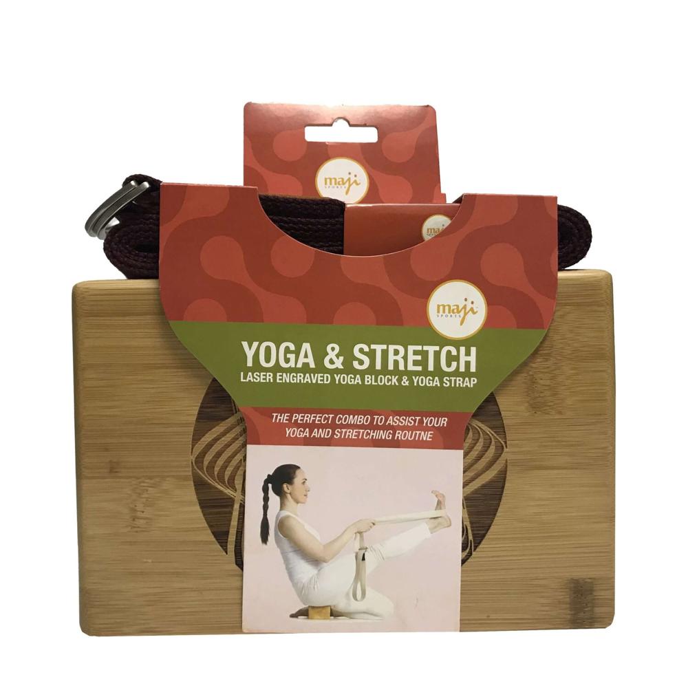 Maji Sports Laser Engraved Bamboo Yoga Block & Strap Combo