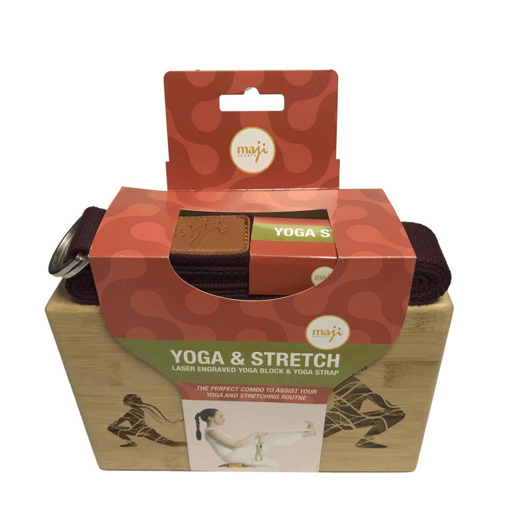 Maji Sports Laser Engraved Bamboo Yoga Block & Strap Combo