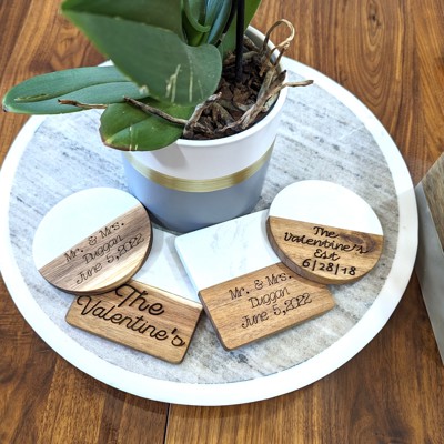 Custom Engraved Marble and Wood Coasters