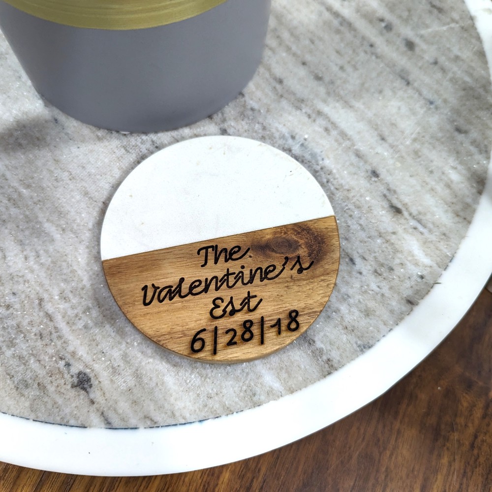 Custom Engraved Marble and Wood Coasters