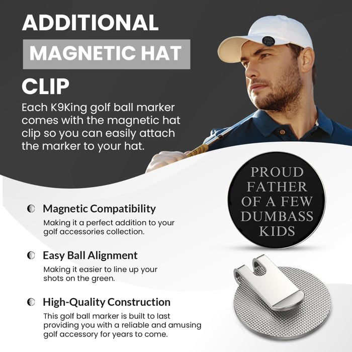 PROUD FATHER OF A FEW DUMBASS KIDS Ball Marker and Magnetic Hat Clip-Premium Golf Accessories Gift Combo Set with Bonus Shooter Golf Ball Marker for Enhanced Golfing Experience | Ideal Gift Ideas