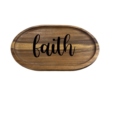 Solid Acacia Wood Oval "Faith" Engraved Decorative Plate – Rustic Kitchen & Home Décor