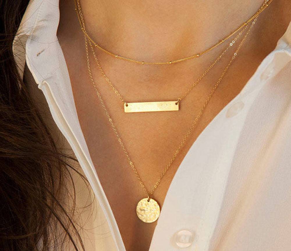 Three Layer Gold Charm Pendant Necklace