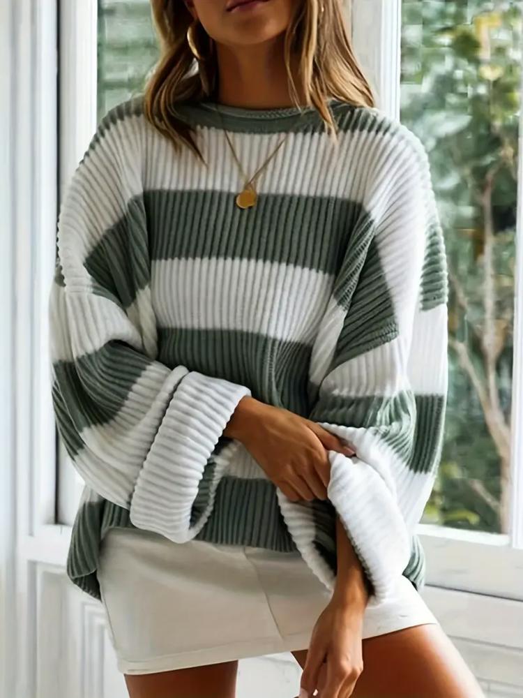 Cozy Green and White Stripe Sweater