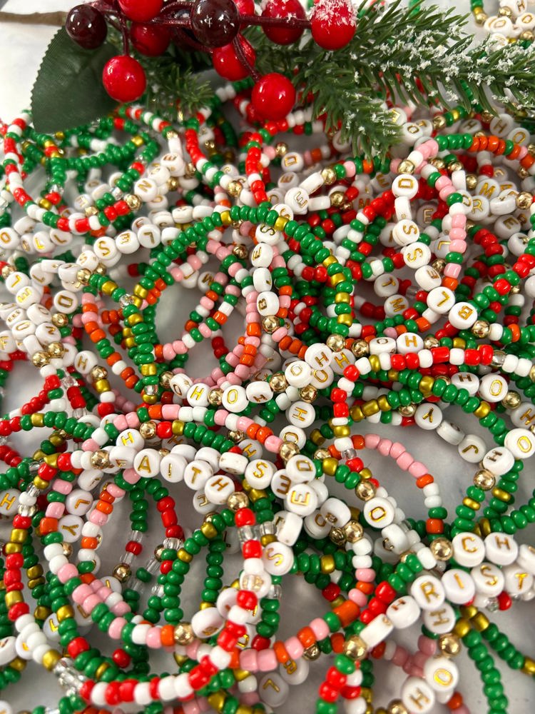 Holiday Handmade Beaded Stretchy Bracelets ( Set of 12 )