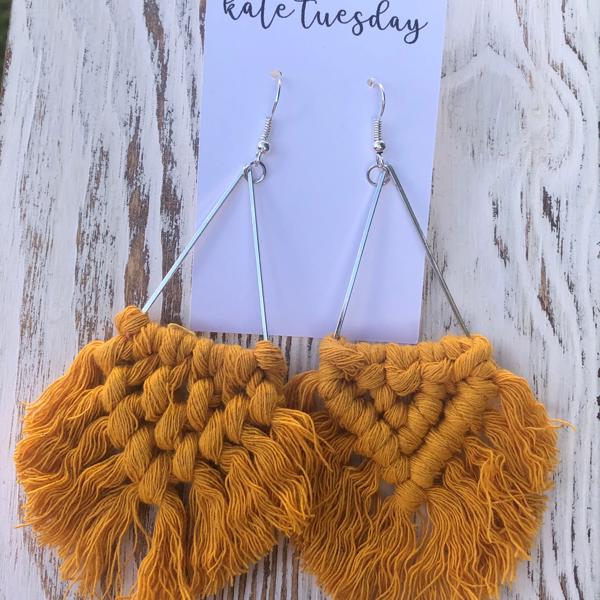 Fall Fringe Harvest Yellow Woven Silver Triangle Hang Earrings