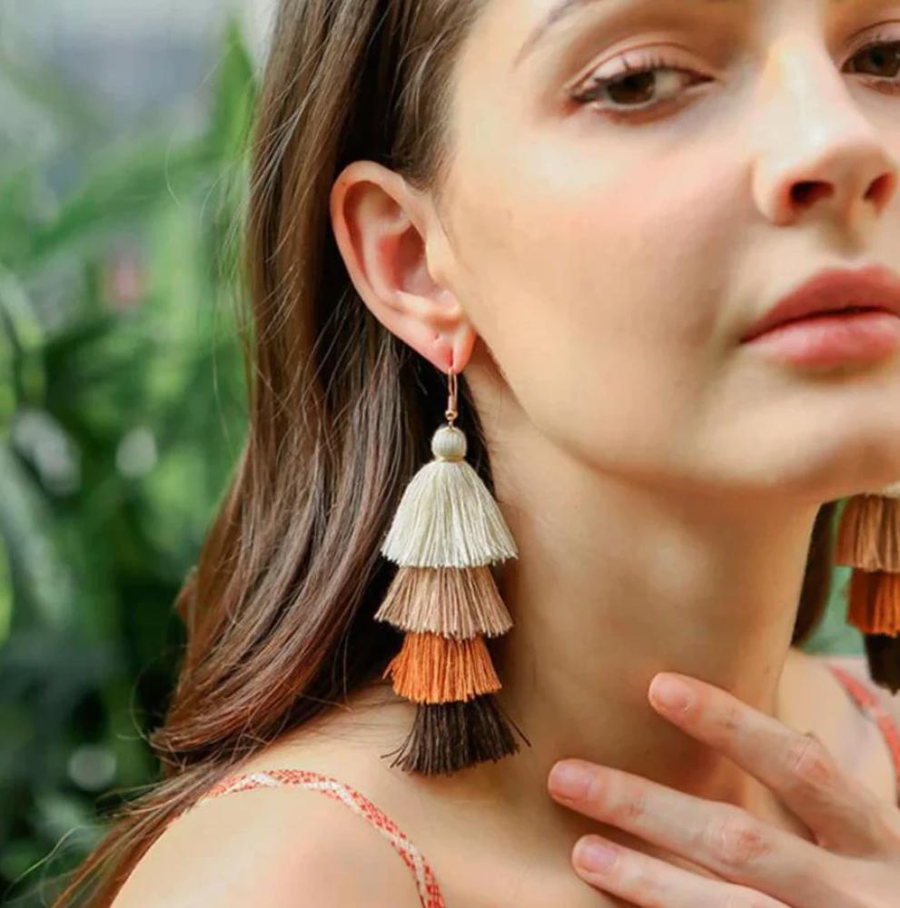 Harvest Four Tier Orange Brown Layered Tassel Earrings