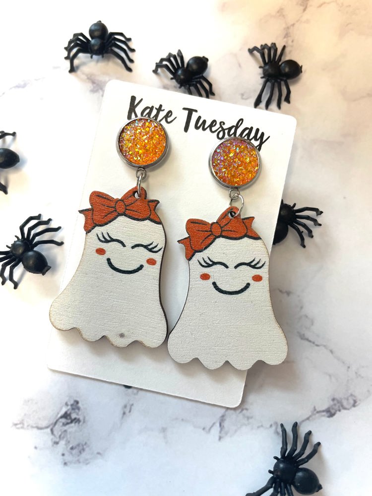 Happy Ghosts Wood Halloween Earrings