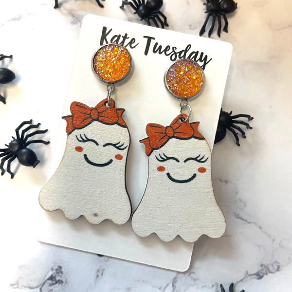 Happy Ghosts Wood Halloween Earrings