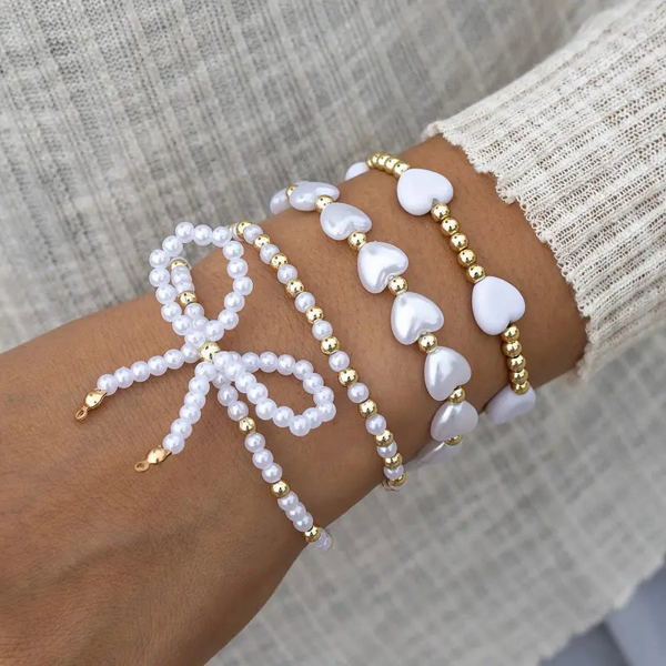 Pearl Bow Stretchy Bracelet Set