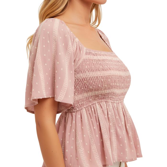 Smocked Flutter Sleeve Top with Feminine Square Neckline Soft Lightweight Fabric Delicate Textured Detailing
