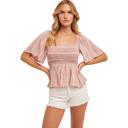 Large Smocked Flutter Sleeve Top with Feminine Square Neckline Soft Lightweight Fabric Delicate Textured Detailing