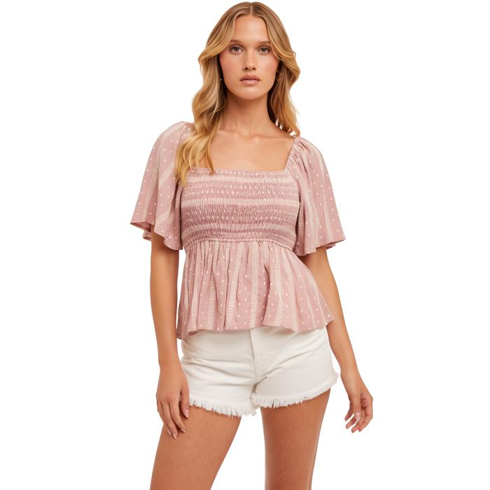 Smocked Flutter Sleeve Top with Feminine Square Neckline Soft Lightweight Fabric Delicate Textured Detailing