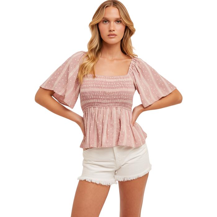 Smocked Flutter Sleeve Top with Feminine Square Neckline Soft Lightweight Fabric Delicate Textured Detailing