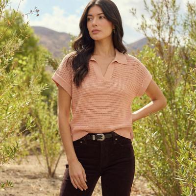 Open Knit Collared Short Sleeve Top with Soft Lightweight Texture Relaxed Easy Fit Ribbed Trim Details