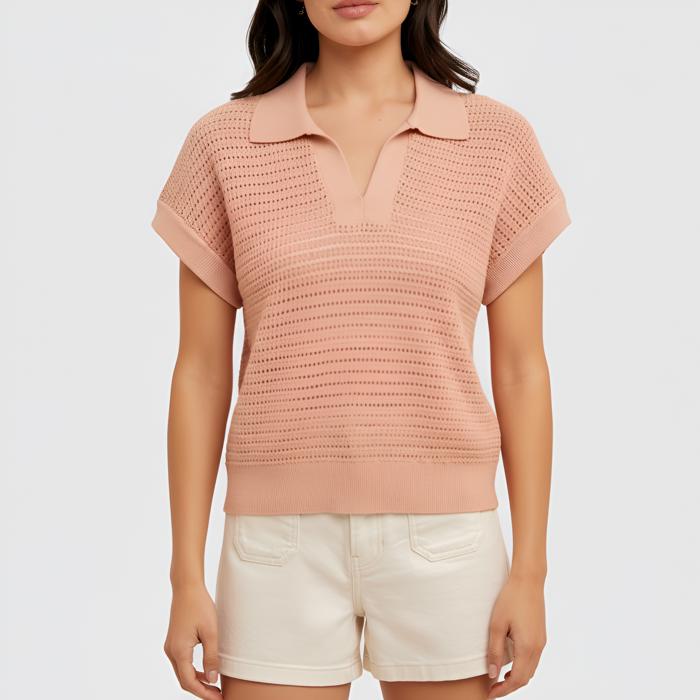 Open Knit Collared Short Sleeve Top with Soft Lightweight Texture Relaxed Easy Fit Ribbed Trim Details