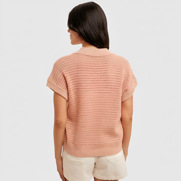 Open Knit Collared Short Sleeve Top with Soft Lightweight Texture Relaxed Easy Fit Ribbed Trim Details