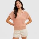 Large Open Knit Collared Short Sleeve Top with Soft Lightweight Texture Relaxed Easy Fit Ribbed Trim Details