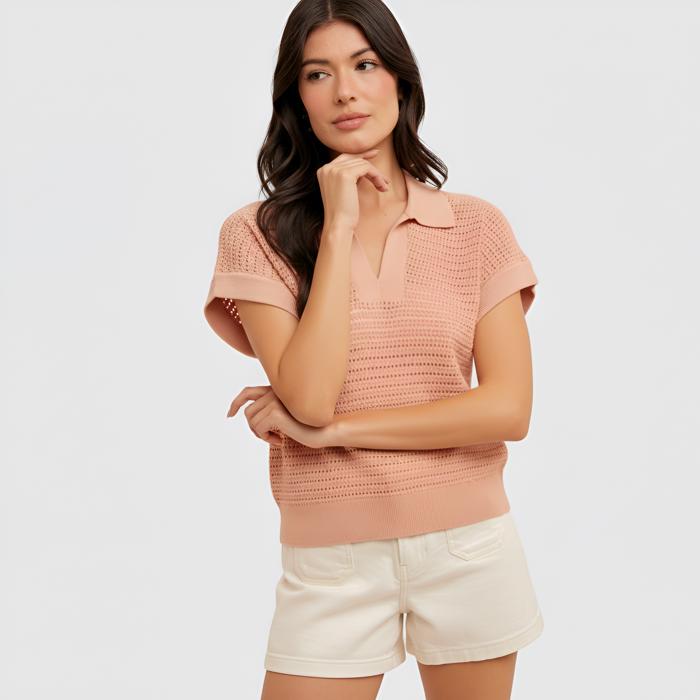 Open Knit Collared Short Sleeve Top with Soft Lightweight Texture Relaxed Easy Fit Ribbed Trim Details