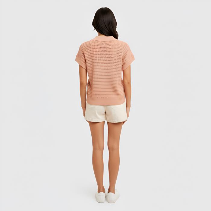 Open Knit Collared Short Sleeve Top with Soft Lightweight Texture Relaxed Easy Fit Ribbed Trim Details