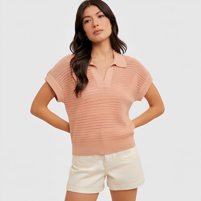 Open Knit Collared Short Sleeve Top with Soft Lightweight Texture Relaxed Easy Fit Ribbed Trim Details