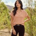 Small Open Knit Collared Short Sleeve Top with Soft Lightweight Texture Relaxed Easy Fit Ribbed Trim Details