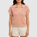 Small Open Knit Collared Short Sleeve Top with Soft Lightweight Texture Relaxed Easy Fit Ribbed Trim Details