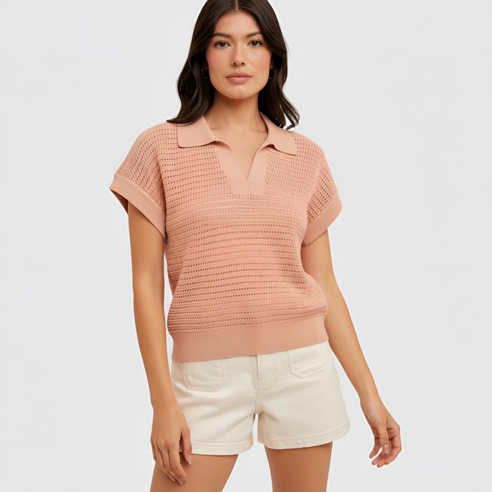 Open Knit Collared Short Sleeve Top with Soft Lightweight Texture Relaxed Easy Fit Ribbed Trim Details