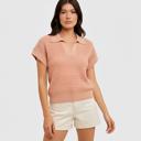 Small Open Knit Collared Short Sleeve Top with Soft Lightweight Texture Relaxed Easy Fit Ribbed Trim Details