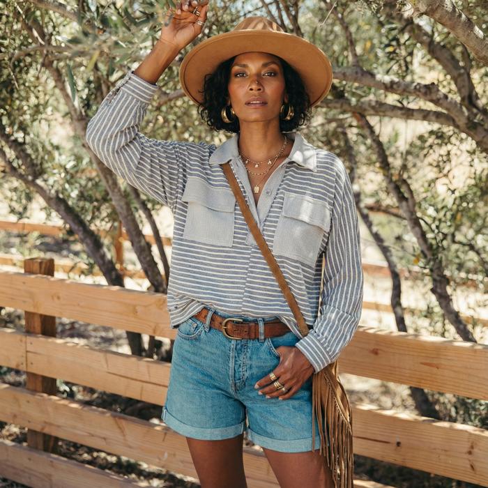 Striped Long Sleeve Collared Top with Soft Textured Knit Front Utility Pockets Relaxed Everyday Fit Half Button Placket