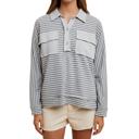  Striped Long Sleeve Collared Top with Soft Textured Knit Front Utility Pockets Relaxed Everyday Fit Half Button Placket