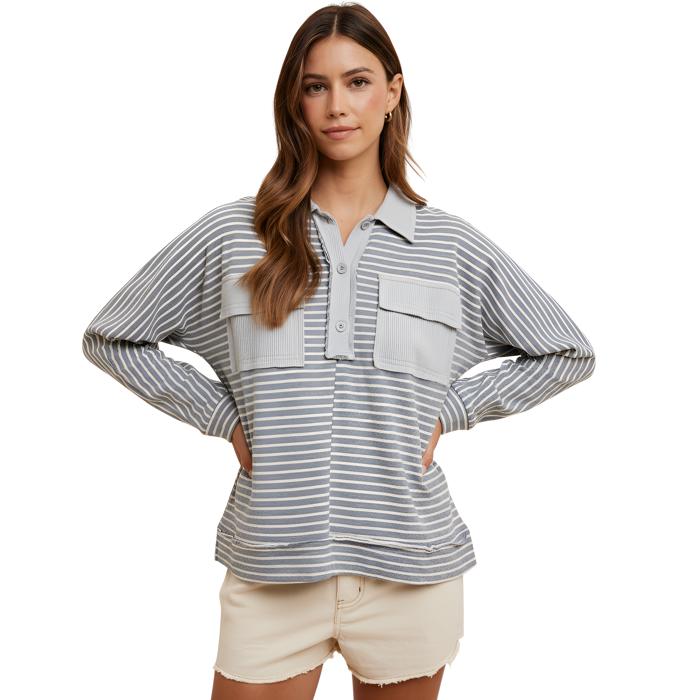 Striped Long Sleeve Collared Top with Soft Textured Knit Front Utility Pockets Relaxed Everyday Fit Half Button Placket