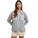  Striped Long Sleeve Collared Top with Soft Textured Knit Front Utility Pockets Relaxed Everyday Fit Half Button Placket