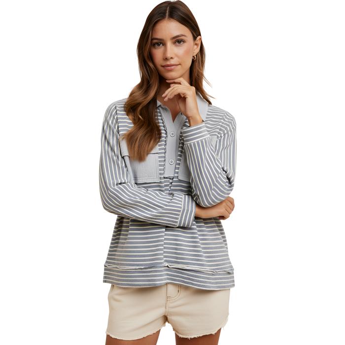 Striped Long Sleeve Collared Top with Soft Textured Knit Front Utility Pockets Relaxed Everyday Fit Half Button Placket