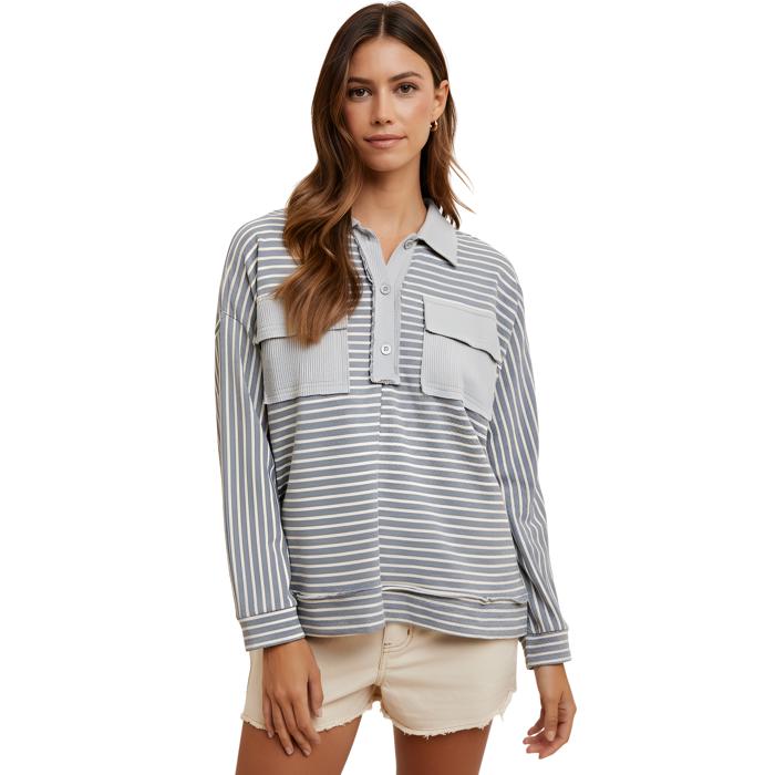 Striped Long Sleeve Collared Top with Soft Textured Knit Front Utility Pockets Relaxed Everyday Fit Half Button Placket