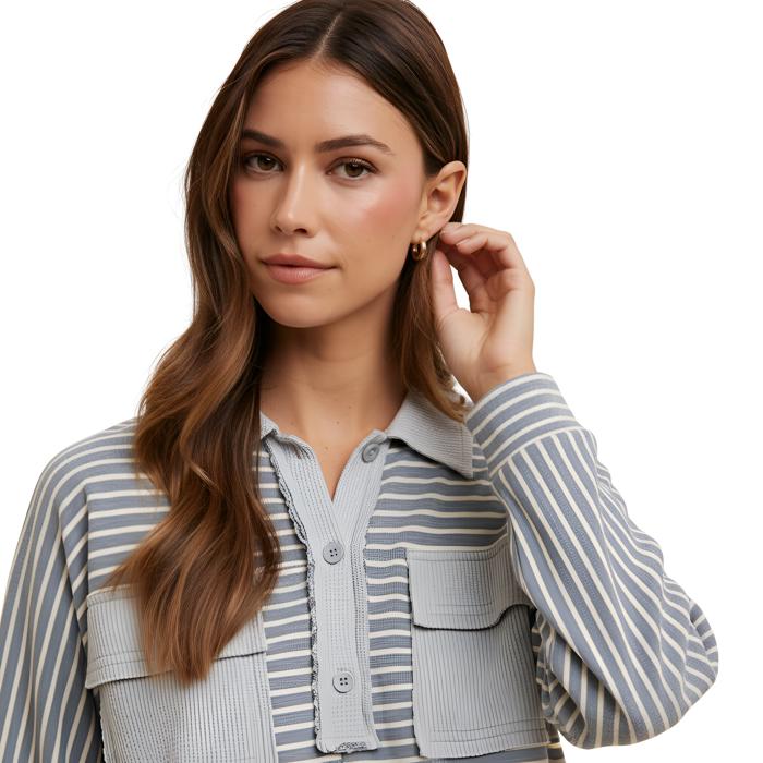 Striped Long Sleeve Collared Top with Soft Textured Knit Front Utility Pockets Relaxed Everyday Fit Half Button Placket