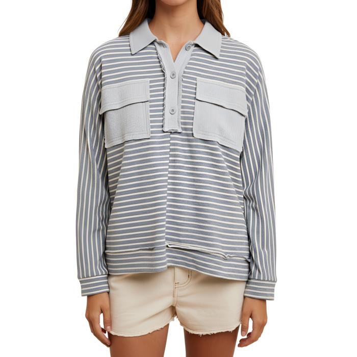 Striped Long Sleeve Collared Top with Soft Textured Knit Front Utility Pockets Relaxed Everyday Fit Half Button Placket