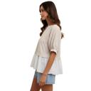  Layered Peplum Top with Textured Grid Overlay Soft Lightweight Fabric Flowy Contrast Hemline Short Gathered Sleeves and Flattering V Neckline