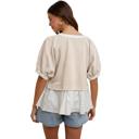  Layered Peplum Top with Textured Grid Overlay Soft Lightweight Fabric Flowy Contrast Hemline Short Gathered Sleeves and Flattering V Neckline