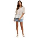  Layered Peplum Top with Textured Grid Overlay Soft Lightweight Fabric Flowy Contrast Hemline Short Gathered Sleeves and Flattering V Neckline