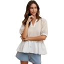 Large Layered Peplum Top with Textured Grid Overlay Soft Lightweight Fabric Flowy Contrast Hemline Short Gathered Sleeves and Flattering V Neckline
