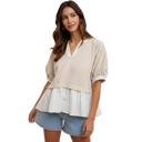 Large Layered Peplum Top with Textured Grid Overlay Soft Lightweight Fabric Flowy Contrast Hemline Short Gathered Sleeves and Flattering V Neckline