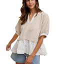 Medium Layered Peplum Top with Textured Grid Overlay Soft Lightweight Fabric Flowy Contrast Hemline Short Gathered Sleeves and Flattering V Neckline