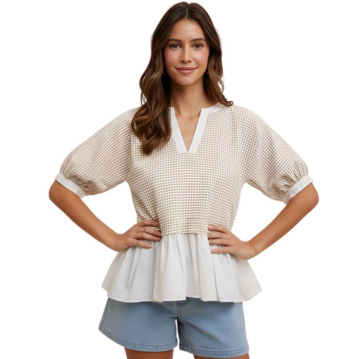 Layered Peplum Top with Textured Grid Overlay Soft Lightweight Fabric Flowy Contrast Hemline Short Gathered Sleeves and Flattering V Neckline